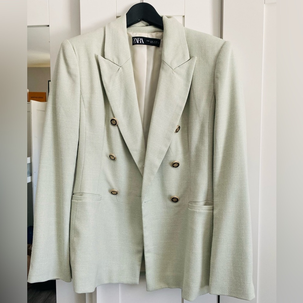 Zara Women's Double-Breasted Peak Lapel Blazer Light Green Lined Tailored Size S